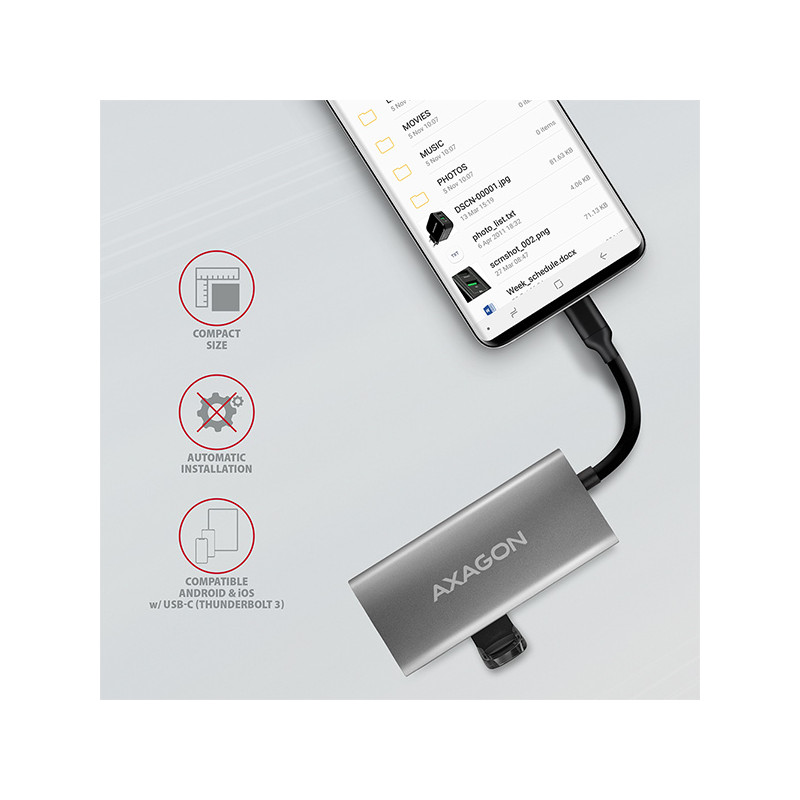 AXAGON HMC-4G2, USB-C 3.2 Gen 2 10 Gb/s húb, porty 2x USB-A + 2x USB-C, kábel USB-C 13cm