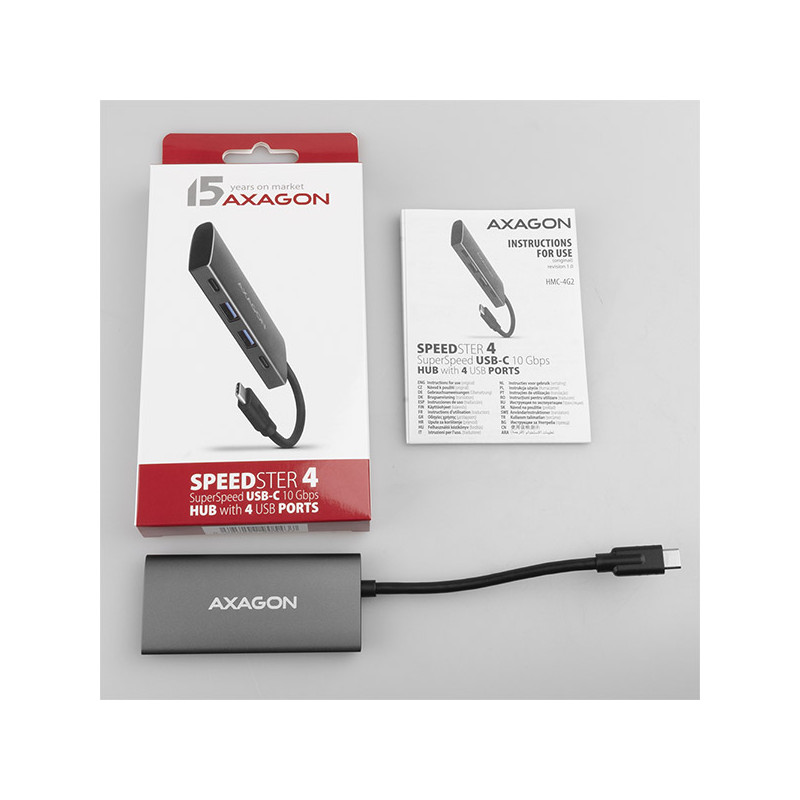AXAGON HMC-4G2, USB-C 3.2 Gen 2 10 Gb/s húb, porty 2x USB-A + 2x USB-C, kábel USB-C 13cm