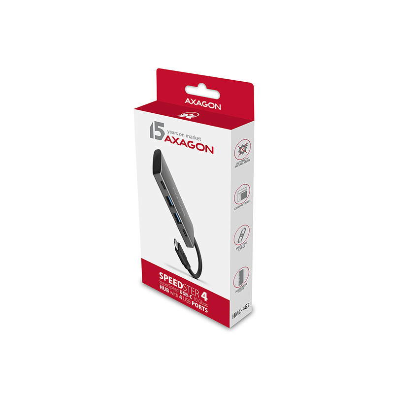 AXAGON HMC-4G2, USB-C 3.2 Gen 2 10 Gb/s húb, porty 2x USB-A + 2x USB-C, kábel USB-C 13cm