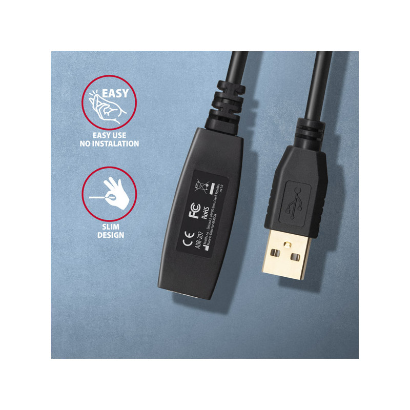 AXAGON ADR-207, USB 2.0 A-M - A-F aktívny predlžovací / repeater kábel, 7.5m