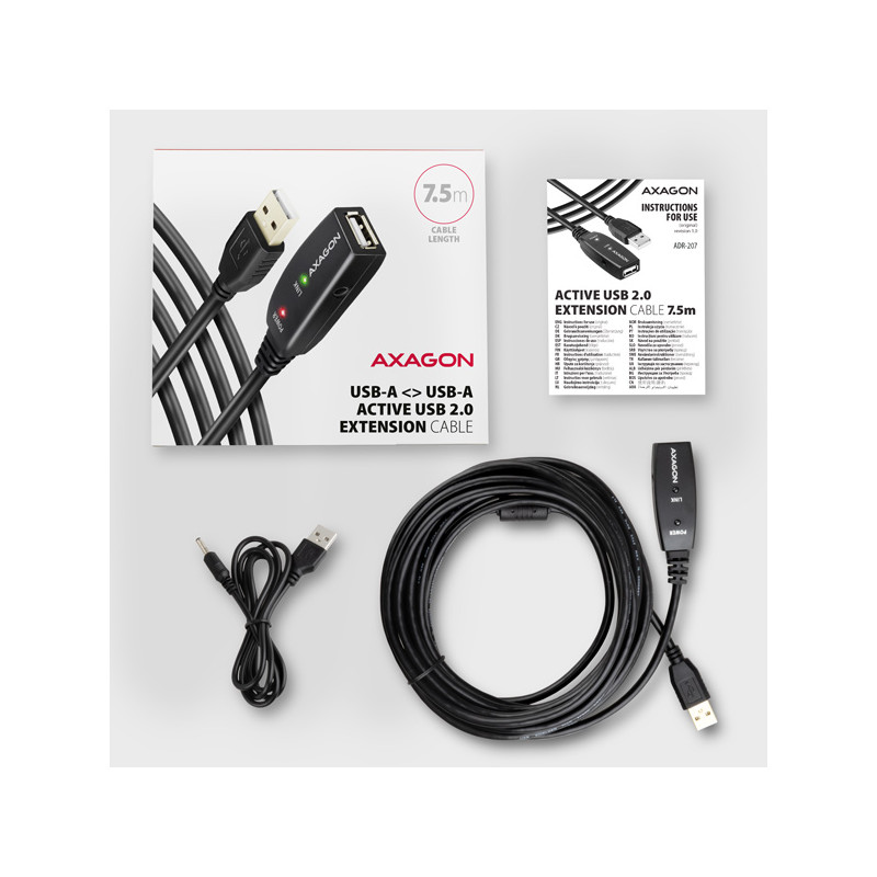 AXAGON ADR-207, USB 2.0 A-M - A-F aktívny predlžovací / repeater kábel, 7.5m
