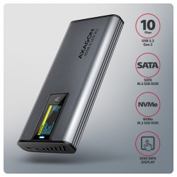 AXAGON EEM2-SD2, USB-C 10Gbps externý box s displejom pre M.2 NVMe/SATA SSD, bezšróbkový, striebra