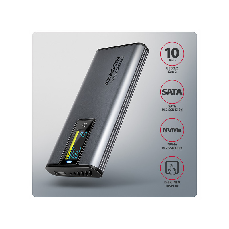 AXAGON EEM2-SD2, USB-C 10Gbps externý box s displejom pre M.2 NVMe/SATA SSD, bezšróbkový, striebra
