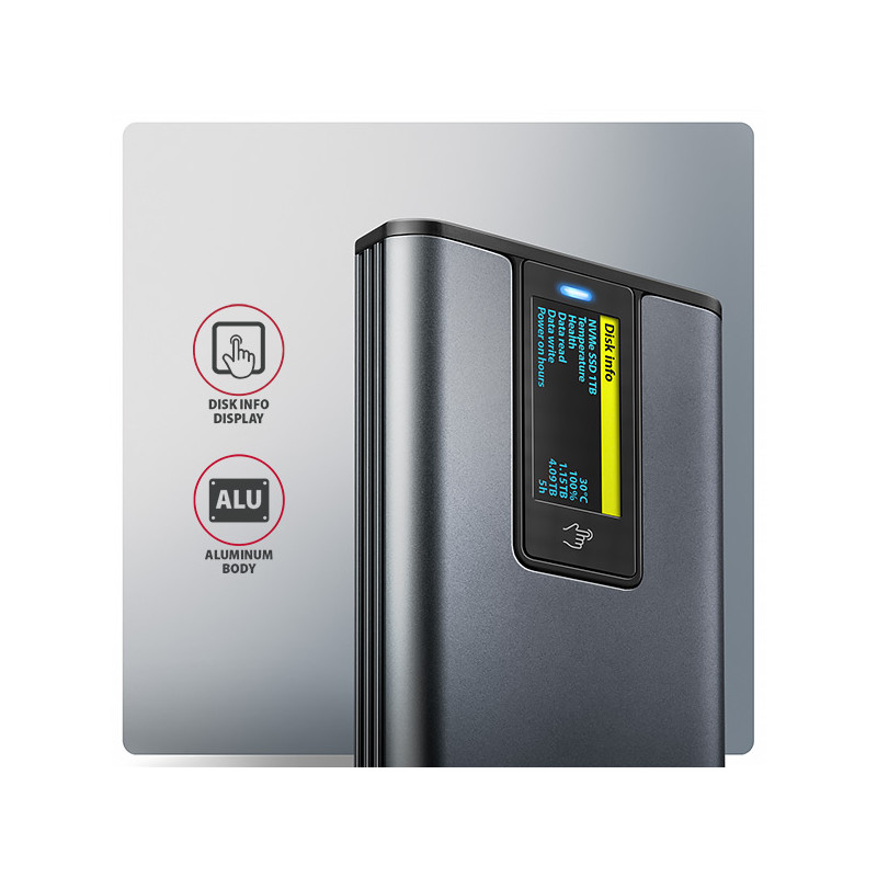 AXAGON EEM2-SD2, USB-C 10Gbps externý box s displejom pre M.2 NVMe/SATA SSD, bezšróbkový, striebra