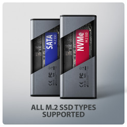 AXAGON EEM2-SD2, USB-C 10Gbps externý box s displejom pre M.2 NVMe/SATA SSD, bezšróbkový, striebra
