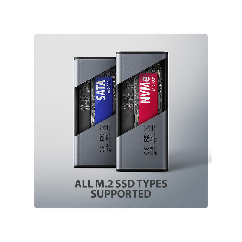 AXAGON EEM2-SD2, USB-C 10Gbps externý box s displejom pre M.2 NVMe/SATA SSD, bezšróbkový, striebra