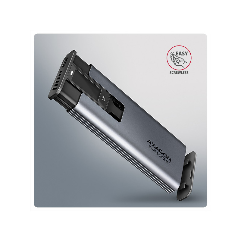 AXAGON EEM2-SD2, USB-C 10Gbps externý box s displejom pre M.2 NVMe/SATA SSD, bezšróbkový, striebra
