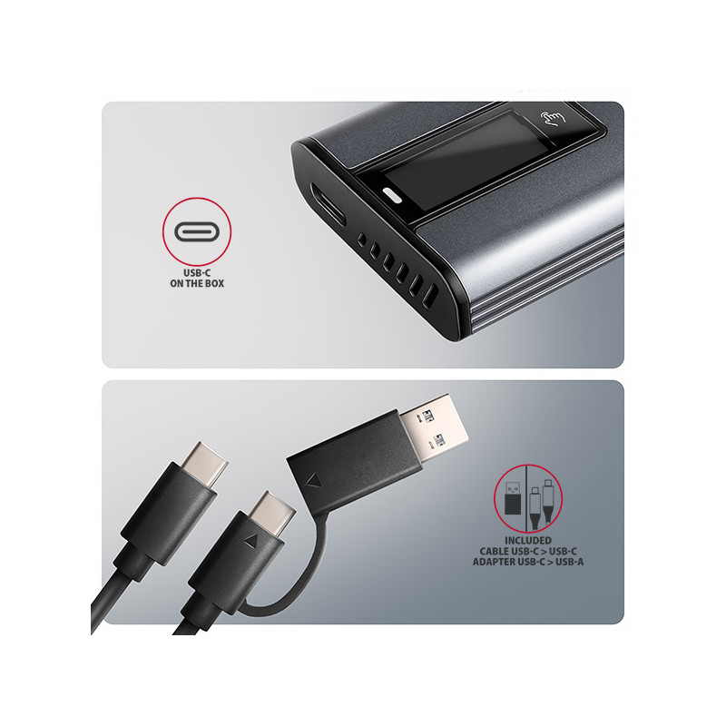 AXAGON EEM2-SD2, USB-C 10Gbps externý box s displejom pre M.2 NVMe/SATA SSD, bezšróbkový, striebra