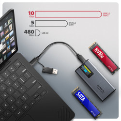 AXAGON EEM2-SD2, USB-C 10Gbps externý box s displejom pre M.2 NVMe/SATA SSD, bezšróbkový, striebra