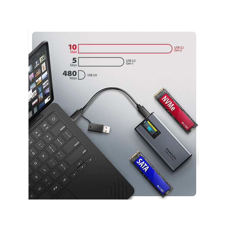 AXAGON EEM2-SD2, USB-C 10Gbps externý box s displejom pre M.2 NVMe/SATA SSD, bezšróbkový, striebra