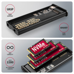 AXAGON EEM2-SD2, USB-C 10Gbps externý box s displejom pre M.2 NVMe/SATA SSD, bezšróbkový, striebra
