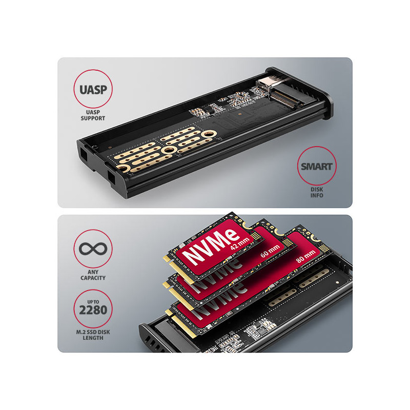 AXAGON EEM2-SD2, USB-C 10Gbps externý box s displejom pre M.2 NVMe/SATA SSD, bezšróbkový, striebra