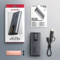 AXAGON EEM2-SD2, USB-C 10Gbps externý box s displejom pre M.2 NVMe/SATA SSD, bezšróbkový, striebra