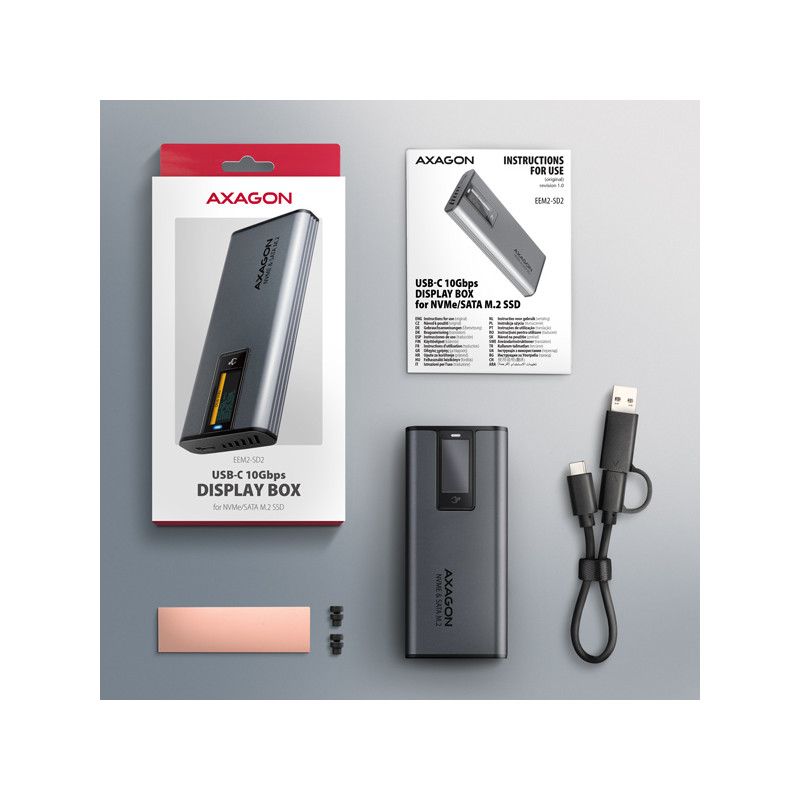 AXAGON EEM2-SD2, USB-C 10Gbps externý box s displejom pre M.2 NVMe/SATA SSD, bezšróbkový, striebra