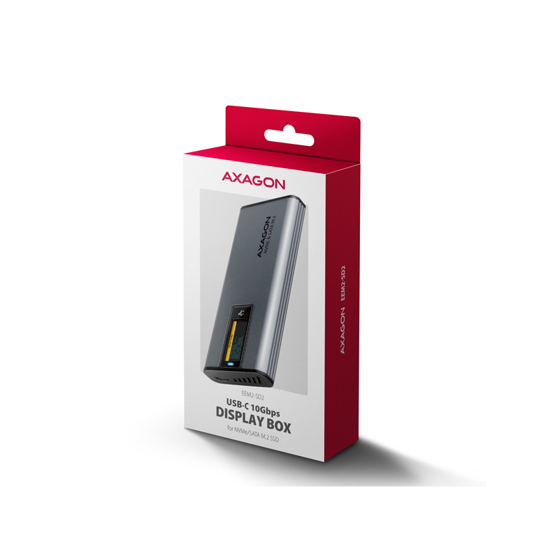 AXAGON EEM2-SD2, USB-C 10Gbps externý box s displejom pre M.2 NVMe/SATA SSD, bezšróbkový, striebra