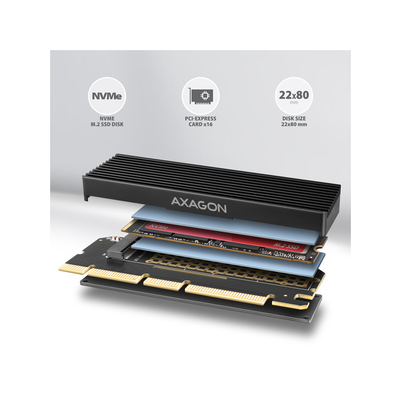 AXAGON PCEM2-XS, PCIe x16 - M.2 NVMe M-key slot adaptér, kryt s chladičom pre pasívne chladenie