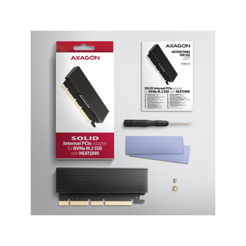 AXAGON PCEM2-XS, PCIe x16 - M.2 NVMe M-key slot adaptér, kryt s chladičom pre pasívne chladenie