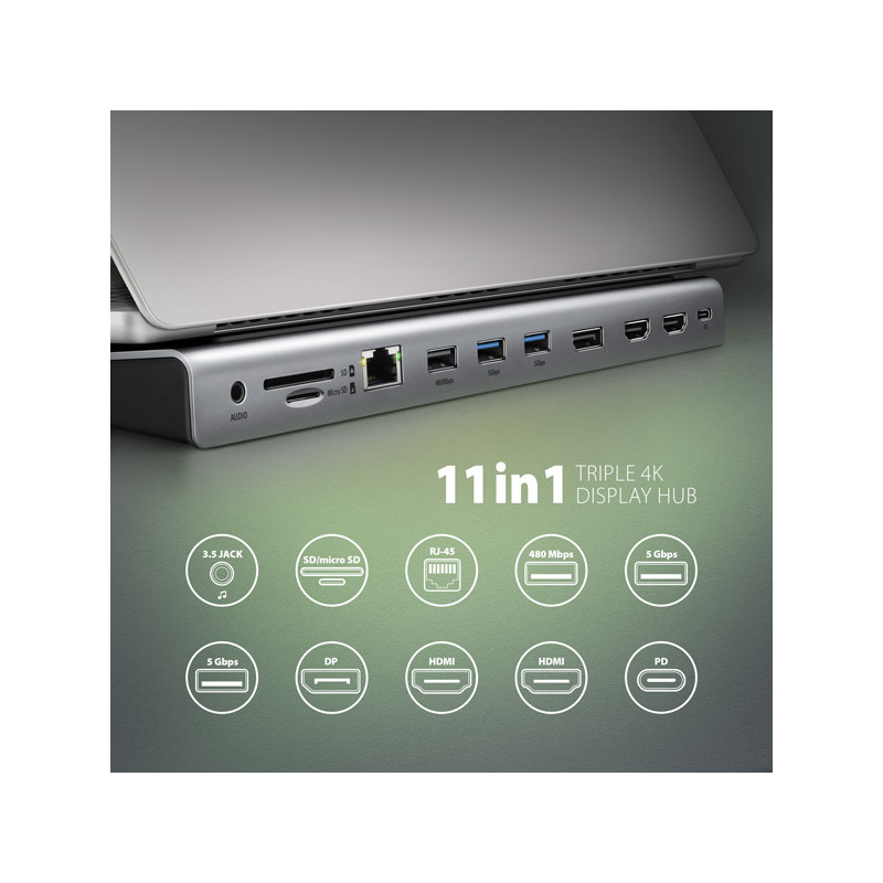 AXAGON HMC-4KX3 USB 5Gbps húb, 3x USB-A, 2x HDMI, DP, RJ-45, SD/microSD, audio, PD 100W, kábel 40cm