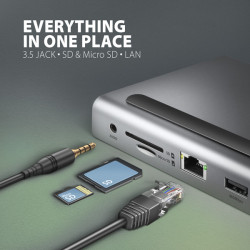 AXAGON HMC-4KX3 USB 5Gbps húb, 3x USB-A, 2x HDMI, DP, RJ-45, SD/microSD, audio, PD 100W, kábel 40cm