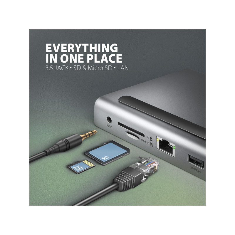 AXAGON HMC-4KX3 USB 5Gbps húb, 3x USB-A, 2x HDMI, DP, RJ-45, SD/microSD, audio, PD 100W, kábel 40cm