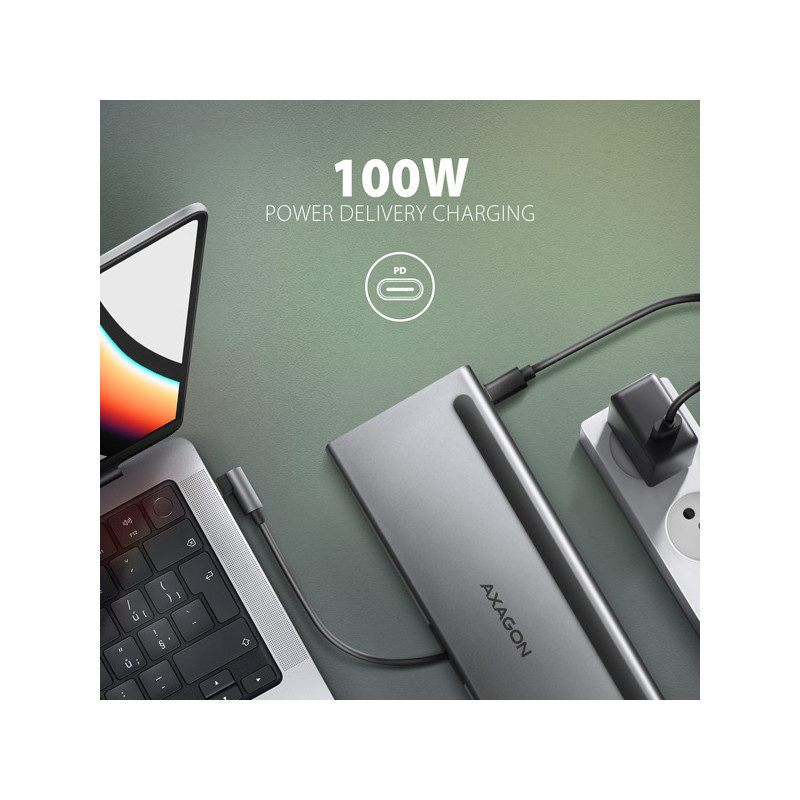 AXAGON HMC-4KX3 USB 5Gbps húb, 3x USB-A, 2x HDMI, DP, RJ-45, SD/microSD, audio, PD 100W, kábel 40cm