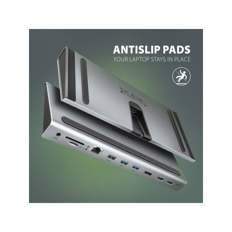 AXAGON HMC-4KX3 USB 5Gbps húb, 3x USB-A, 2x HDMI, DP, RJ-45, SD/microSD, audio, PD 100W, kábel 40cm