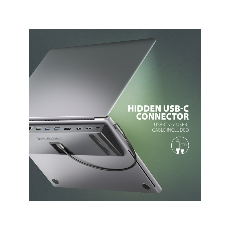 AXAGON HMC-4KX3 USB 5Gbps húb, 3x USB-A, 2x HDMI, DP, RJ-45, SD/microSD, audio, PD 100W, kábel 40cm