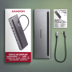 AXAGON HMC-4KX3 USB 5Gbps húb, 3x USB-A, 2x HDMI, DP, RJ-45, SD/microSD, audio, PD 100W, kábel 40cm