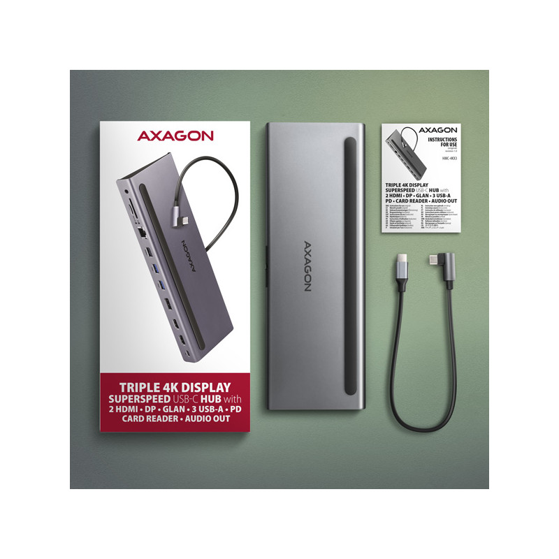 AXAGON HMC-4KX3 USB 5Gbps húb, 3x USB-A, 2x HDMI, DP, RJ-45, SD/microSD, audio, PD 100W, kábel 40cm