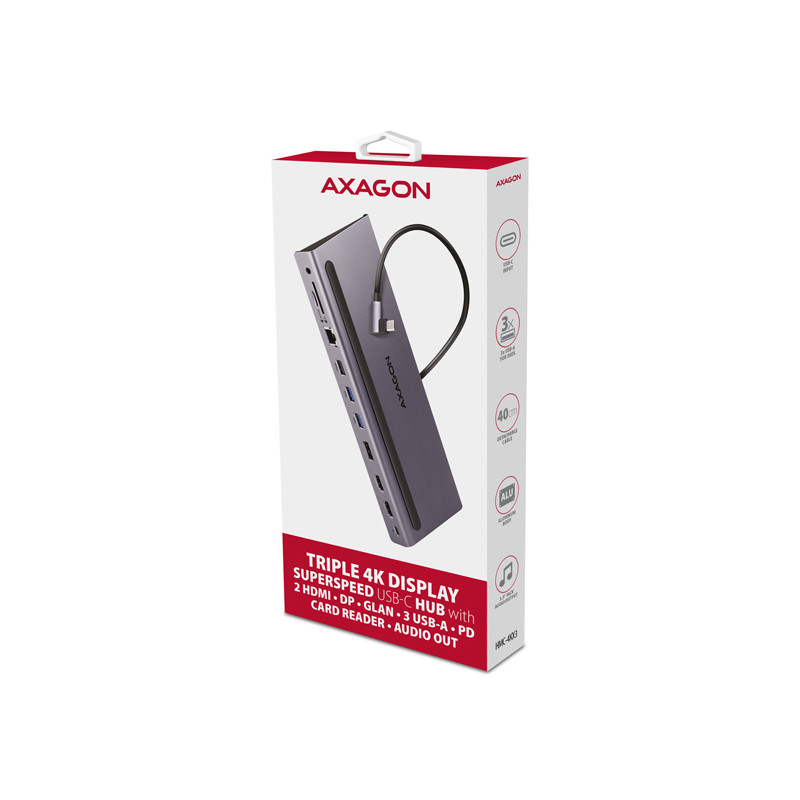 AXAGON HMC-4KX3 USB 5Gbps húb, 3x USB-A, 2x HDMI, DP, RJ-45, SD/microSD, audio, PD 100W, kábel 40cm