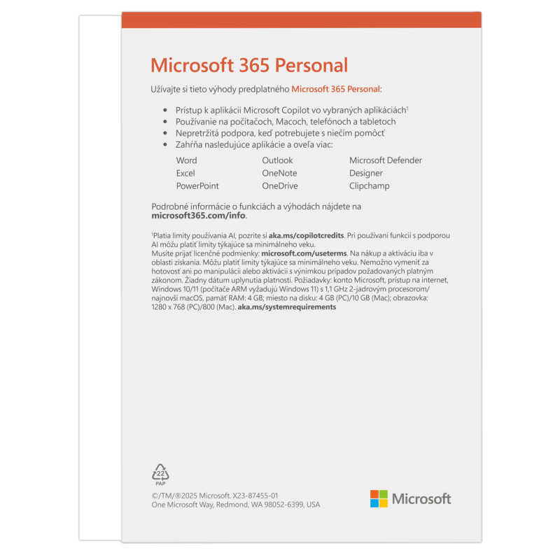 Microsoft 365 Personal FY25H2 Mac/Win, 1 rok, SK