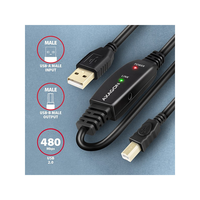 AXAGON ADR-215B, USB 2.0 A-M - B-M aktívny prepojovací/repeater kábel, 15m