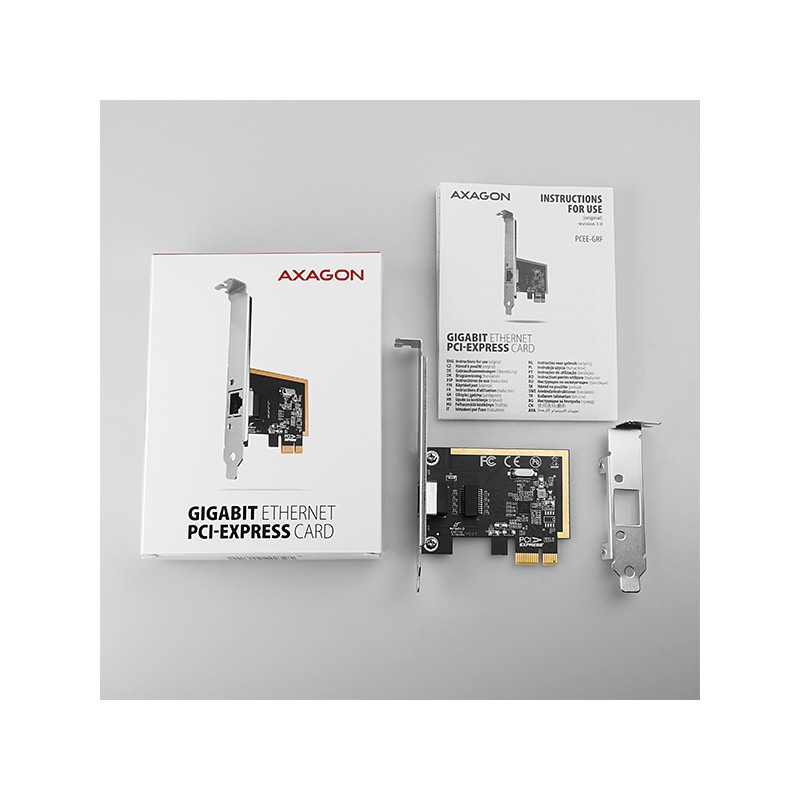 AXAGON PCEE-GRF, PCIe sieťová karta - 1x Gigabit Ethernet port (RJ-45), Realtek 8111F, vr. LP