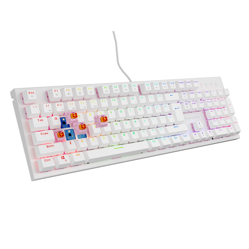 Genesis herná mechanická klávesnica THOR 303/RGB/Outemu Peach Silent/Drôtová USB/US layout/Biela