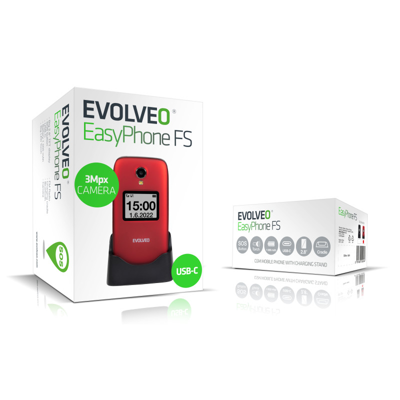 EVOLVEO EasyPhone FS, vyklápací telefón 2.8'' pre seniorov s nabíjacím stojanom (červená farba)