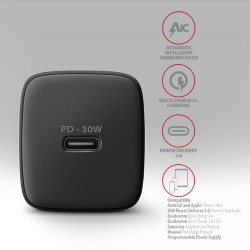 AXAGON ACU-PD30, Sil nabíjačka do siete 30W, 1x port USB-C, PD3.0/PPS/QC4+/SFC/AFC/Apple, čierna