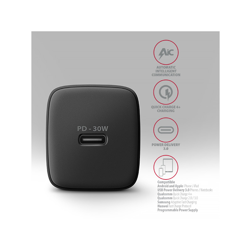AXAGON ACU-PD30, Sil nabíjačka do siete 30W, 1x port USB-C, PD3.0/PPS/QC4+/SFC/AFC/Apple, čierna