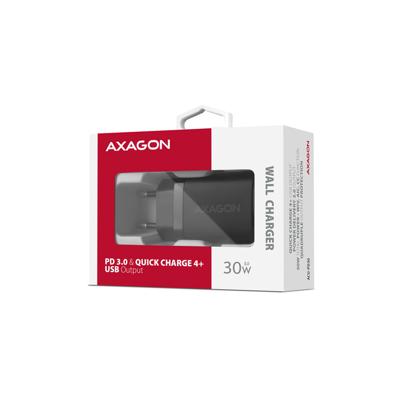 AXAGON ACU-PD30, Sil nabíjačka do siete 30W, 1x port USB-C, PD3.0/PPS/QC4+/SFC/AFC/Apple, čierna
