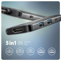 AXAGON HMC-5H8K, USB 5Gbps húb, 2x USB-A, USB-C, HDMI 8k/30Hz, PD 100W, kábel USB-C 15cm