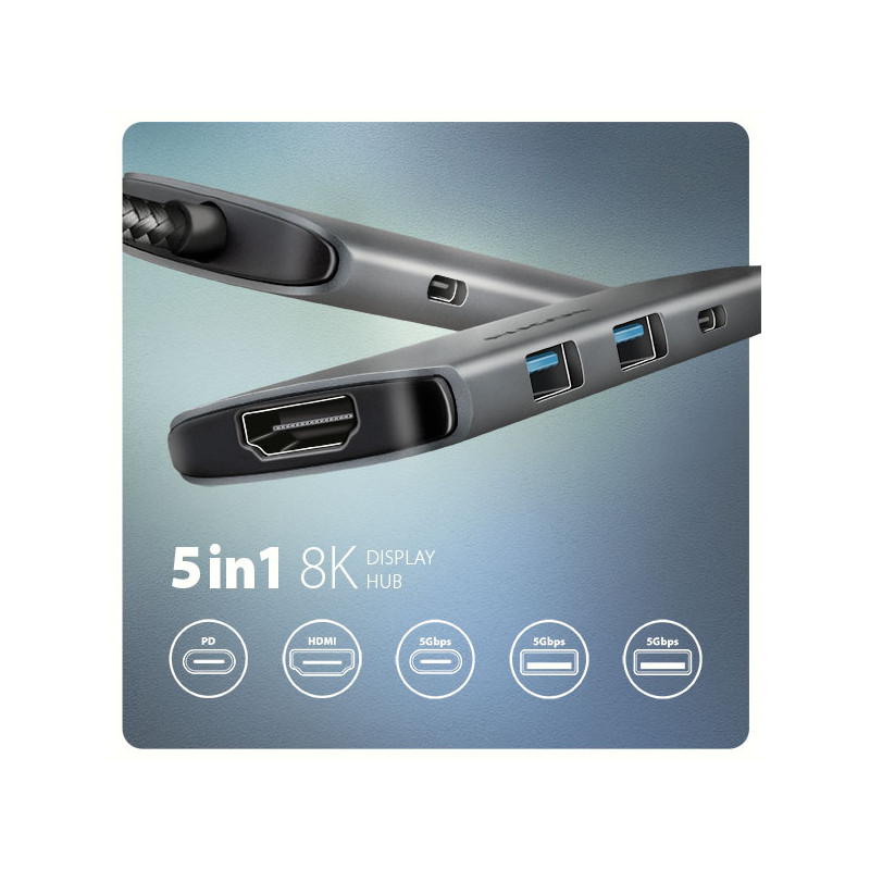 AXAGON HMC-5H8K, USB 5Gbps húb, 2x USB-A, USB-C, HDMI 8k/30Hz, PD 100W, kábel USB-C 15cm