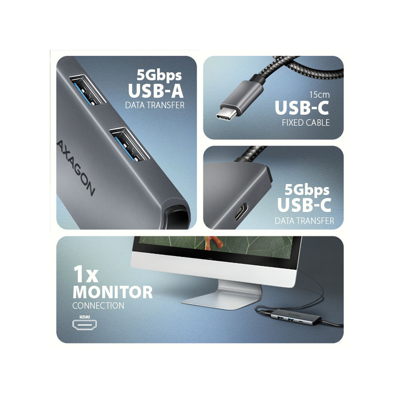 AXAGON HMC-5H8K, USB 5Gbps húb, 2x USB-A, USB-C, HDMI 8k/30Hz, PD 100W, kábel USB-C 15cm