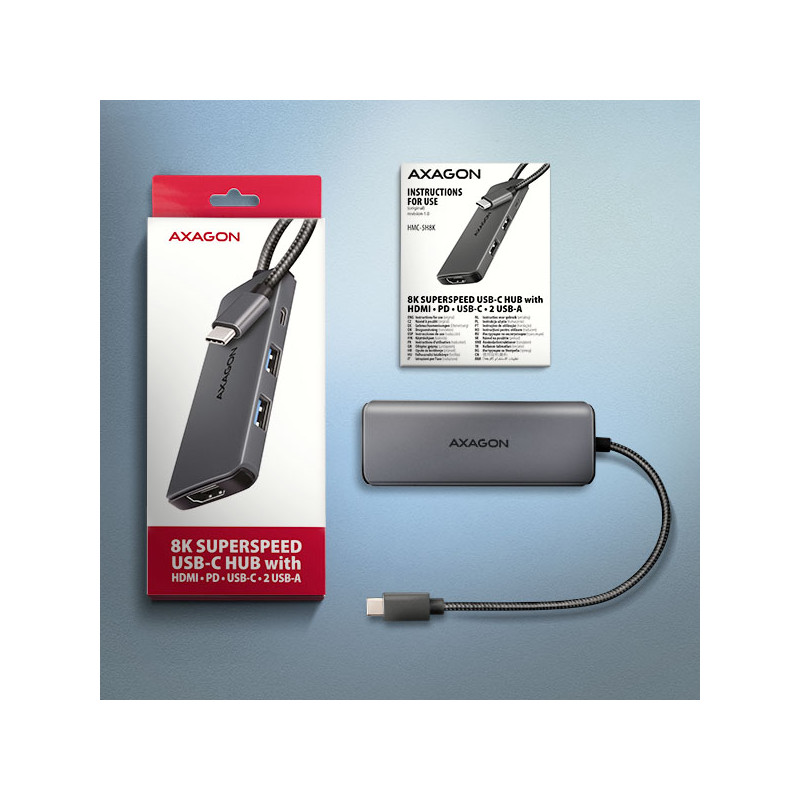 AXAGON HMC-5H8K, USB 5Gbps húb, 2x USB-A, USB-C, HDMI 8k/30Hz, PD 100W, kábel USB-C 15cm