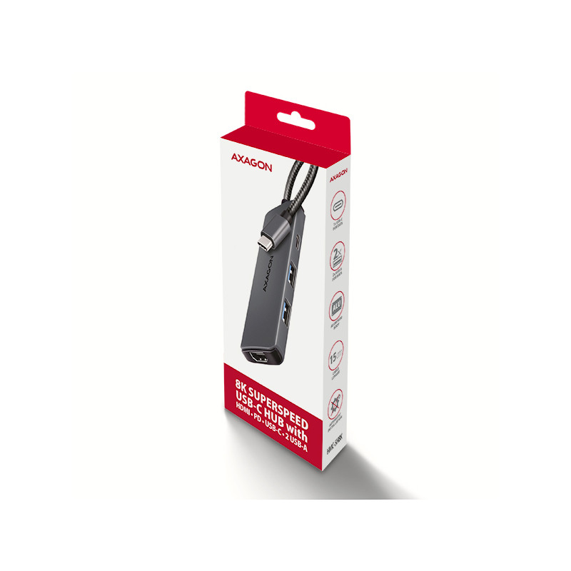 AXAGON HMC-5H8K, USB 5Gbps húb, 2x USB-A, USB-C, HDMI 8k/30Hz, PD 100W, kábel USB-C 15cm
