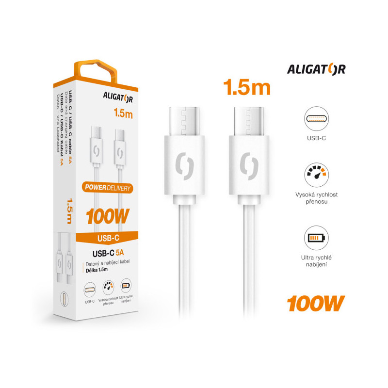 Dátový kábel ALIGATOR POWER 100W, USB-C/USB-C 5A, 1,5 m biely