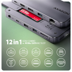 AXAGON HMC-12GM2, USB 10Gbps húb, 3x USB-A, USB-C, HDMI, DP, RJ-45 GLAN, M.2, SD/mSD, audio, PD