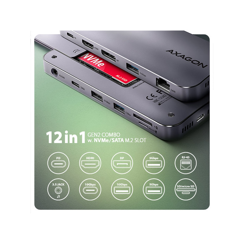 AXAGON HMC-12GM2, USB 10Gbps húb, 3x USB-A, USB-C, HDMI, DP, RJ-45 GLAN, M.2, SD/mSD, audio, PD