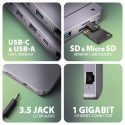 AXAGON HMC-12GM2, USB 10Gbps húb, 3x USB-A, USB-C, HDMI, DP, RJ-45 GLAN, M.2, SD/mSD, audio, PD
