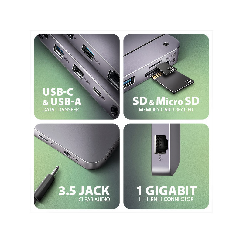 AXAGON HMC-12GM2, USB 10Gbps húb, 3x USB-A, USB-C, HDMI, DP, RJ-45 GLAN, M.2, SD/mSD, audio, PD
