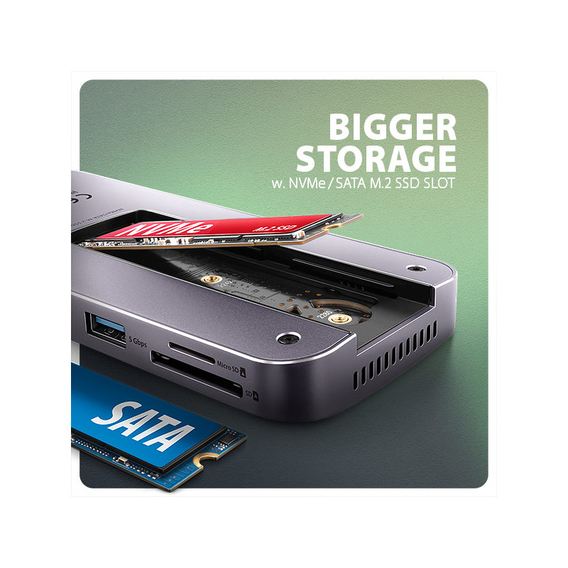 AXAGON HMC-12GM2, USB 10Gbps húb, 3x USB-A, USB-C, HDMI, DP, RJ-45 GLAN, M.2, SD/mSD, audio, PD