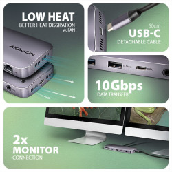 AXAGON HMC-12GM2, USB 10Gbps húb, 3x USB-A, USB-C, HDMI, DP, RJ-45 GLAN, M.2, SD/mSD, audio, PD